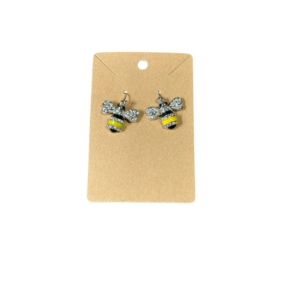 Bumble Bee Enamel Rhinestone Drop Earrings Silver‎ Tone Yellow Black Jewelry